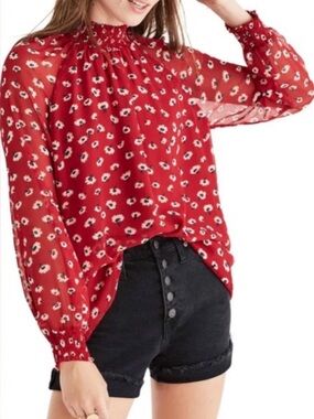 Madewell Red Floral Smocked-Neck Blouse